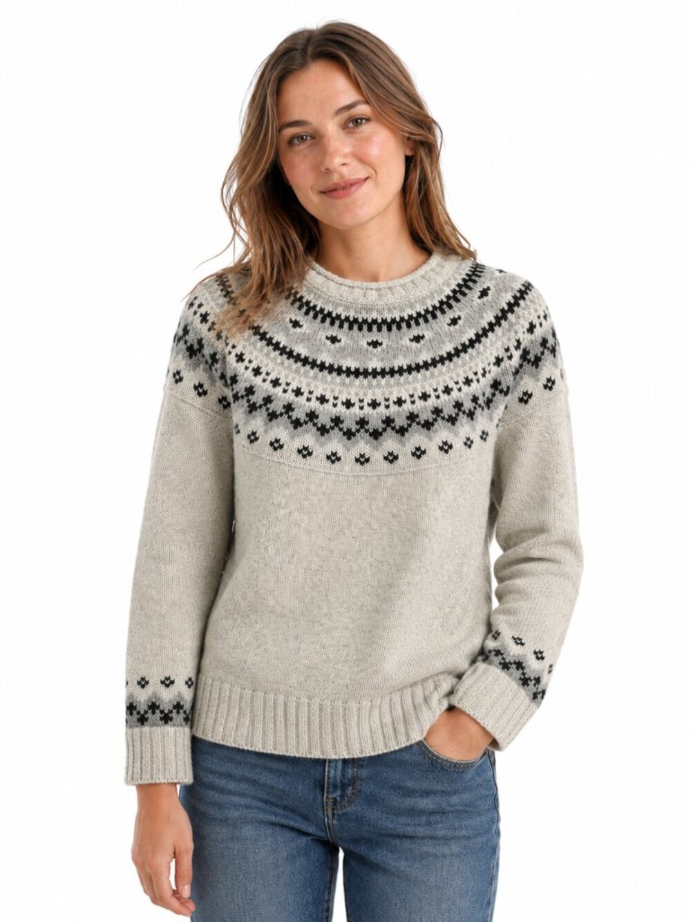 LL Bean Womens Sweater Cream Fair Isle Nordic Fisherman Roll Lambswool Size M